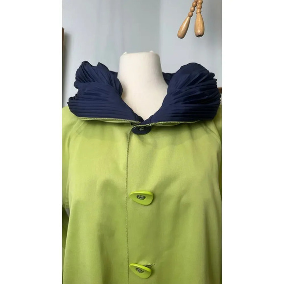VTG Reversible Coat Navy Green Oversized Hooded Raincoat Classic Outwear Jacket - Picture 6 of 10